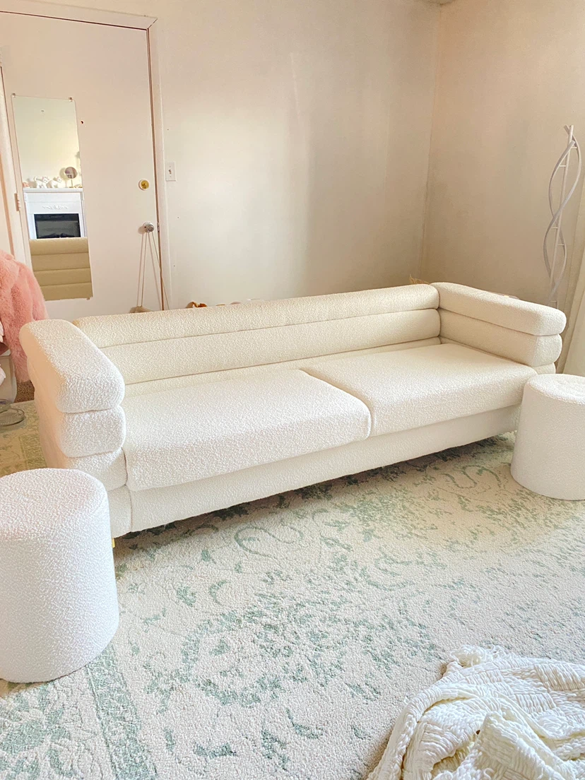 White Boucle Sofa with Two Ottomans - photo 2