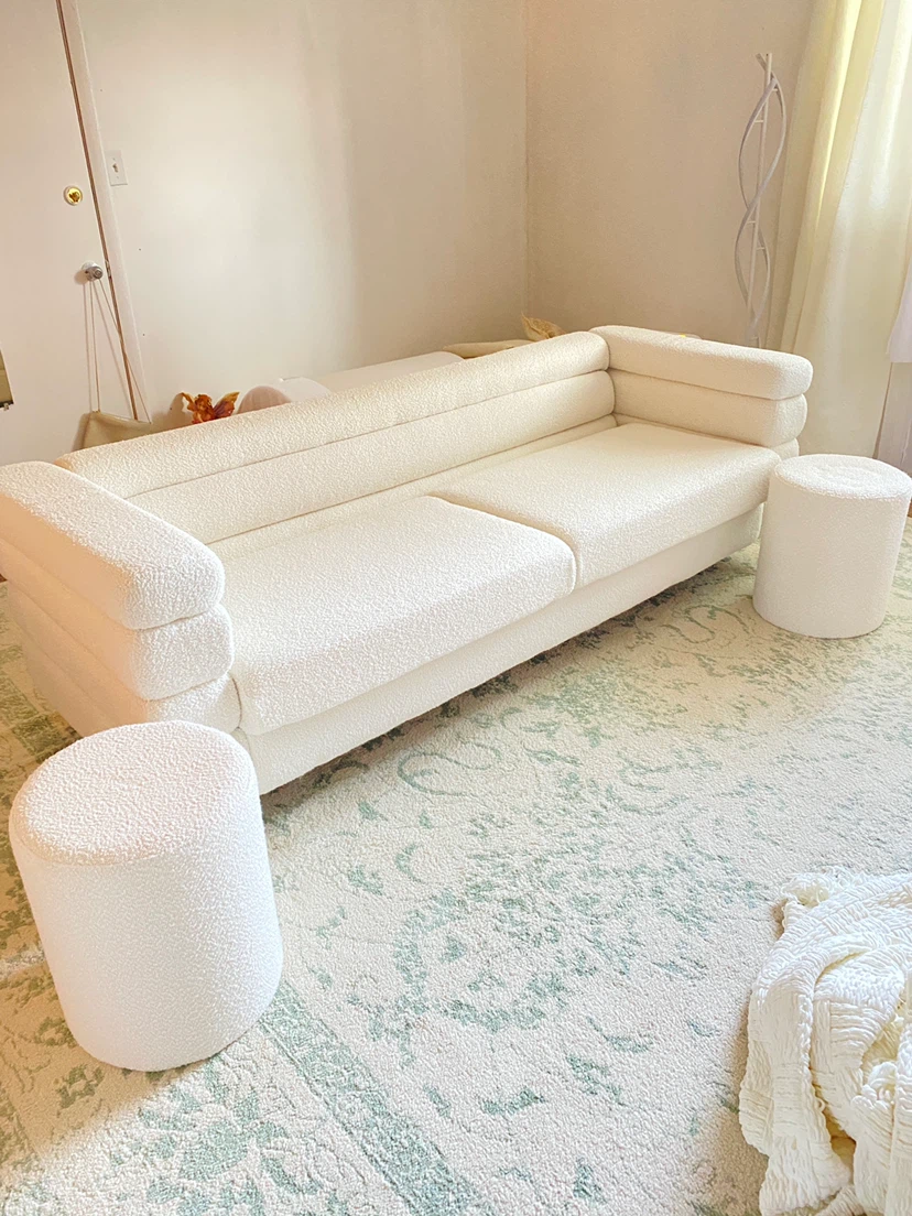 White Boucle Sofa with Two Ottomans