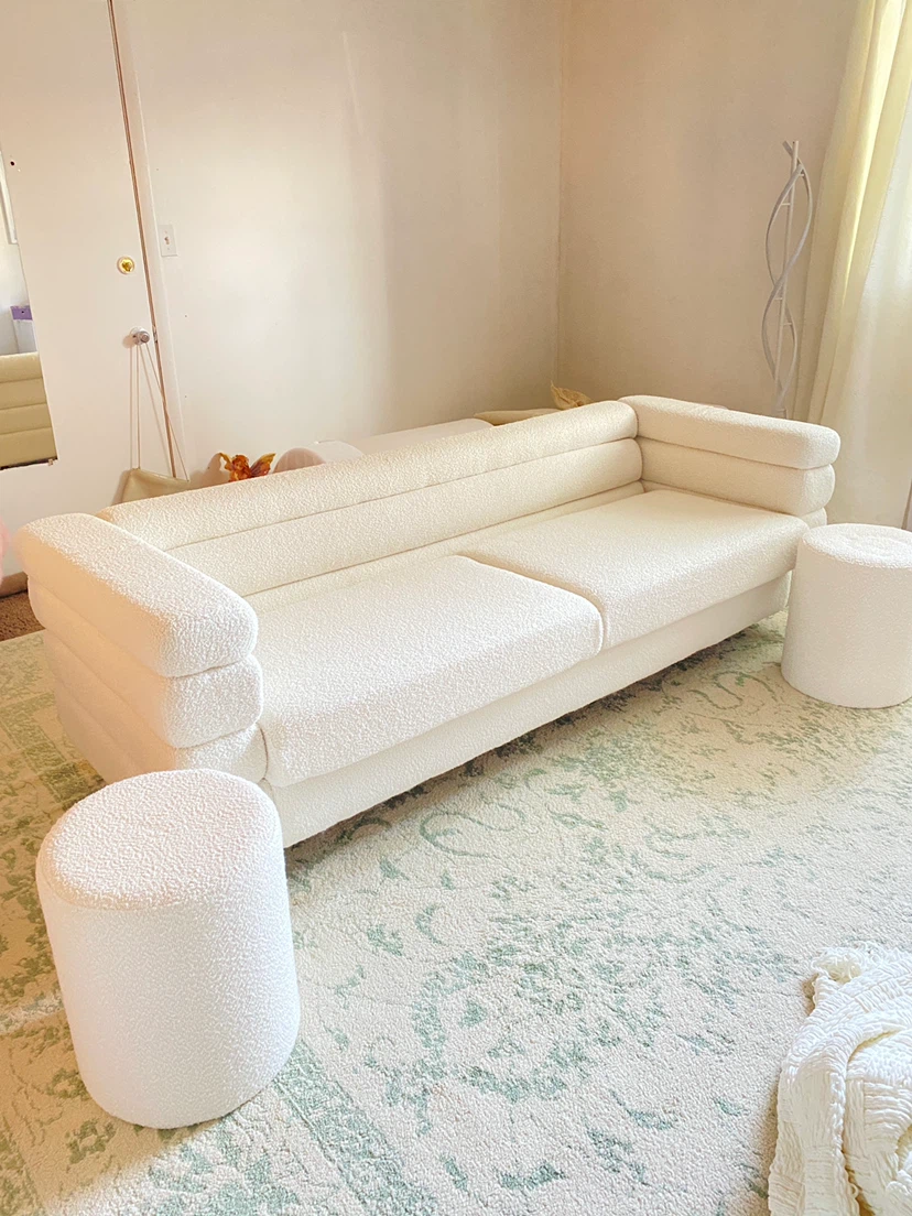 White Boucle Sofa with Two Ottomans - photo 3