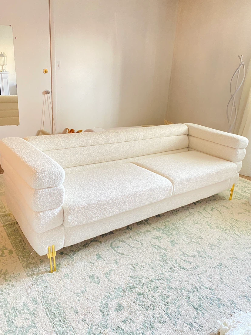 White Boucle Sofa with Two Ottomans - photo 4