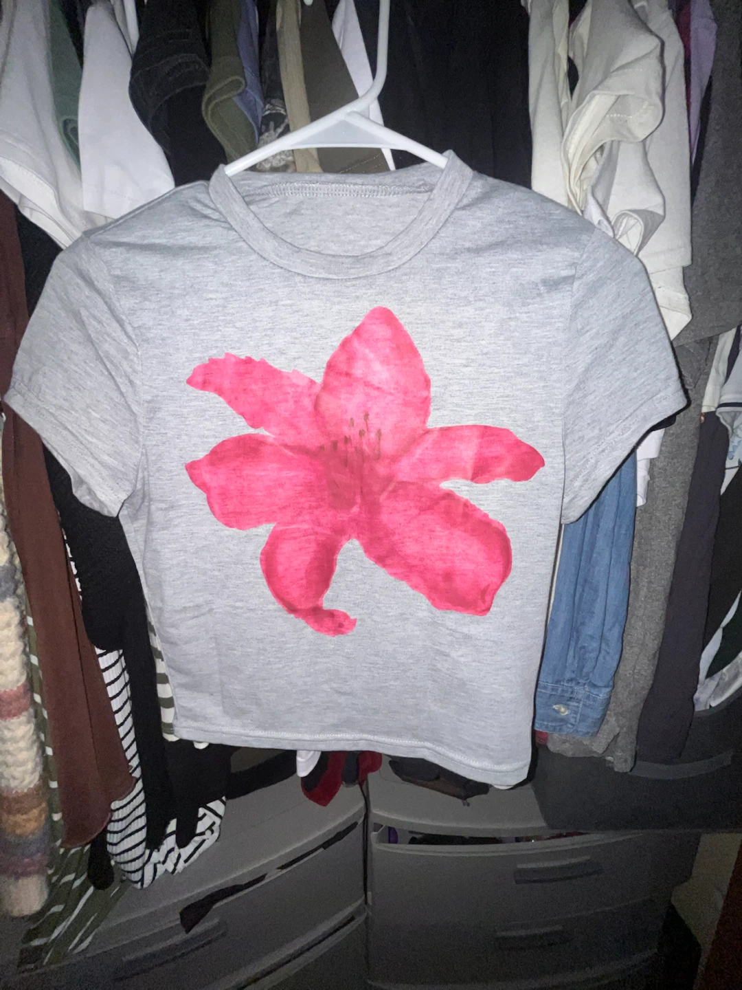 Grey Crop Top with Pink Flower Graphic