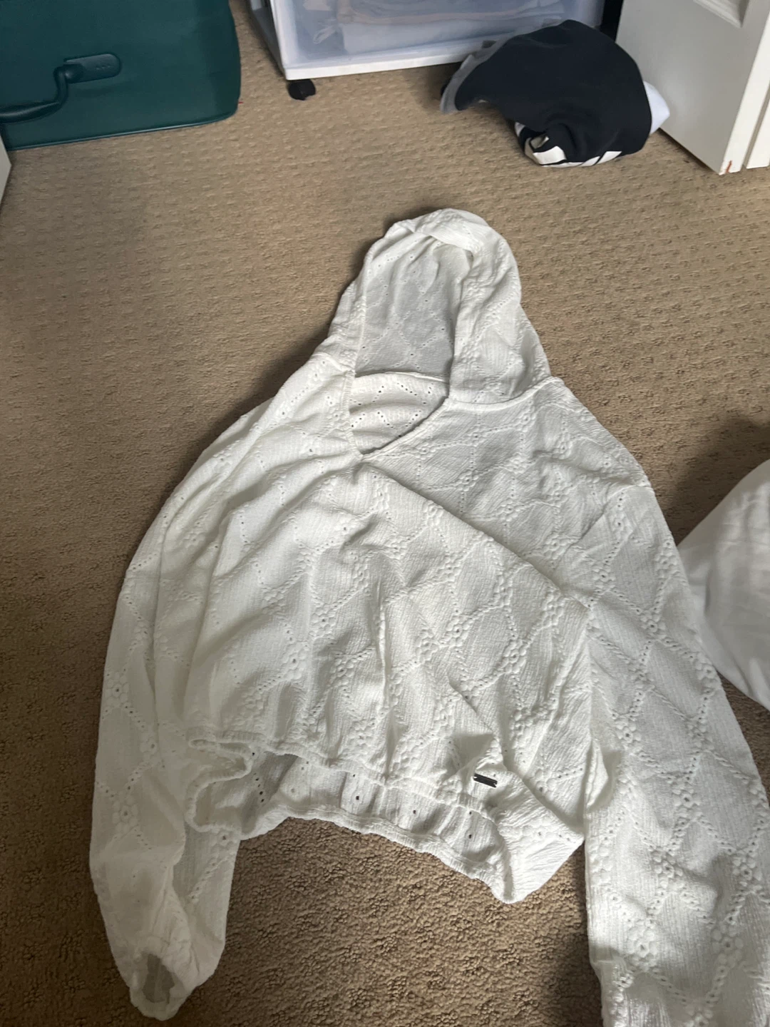 White Eyelet Cropped Hoodie