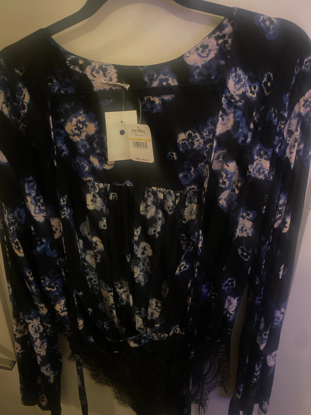 Free People Floral Long Sleeve Bodysuit with Lace Trim