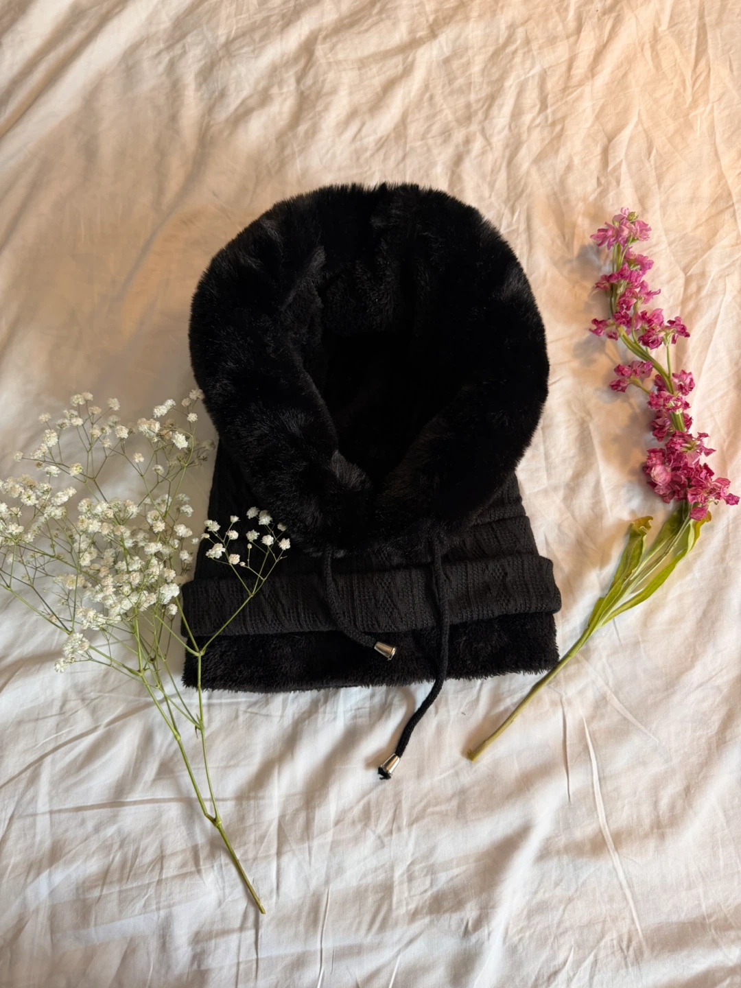 Black Faux Fur Hooded Cowl Neck Warmer