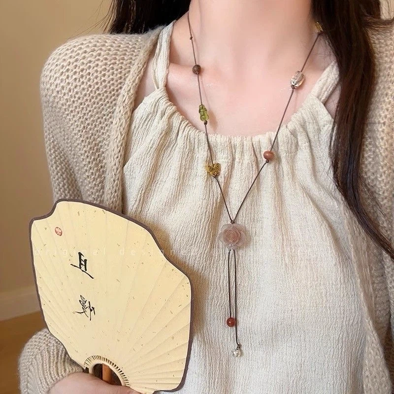 Beaded Necklace with Rose and Butterfly Pendant - photo 3