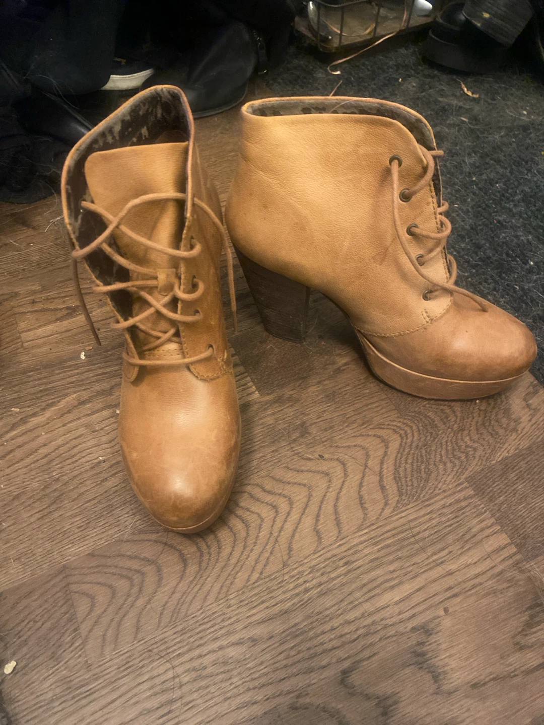 Tan Leather Lace-Up Ankle Boots