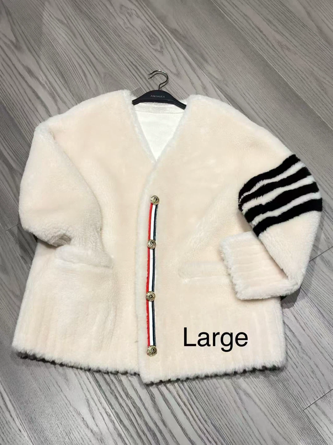 Cream Faux Fur Jacket with Striped Sleeves