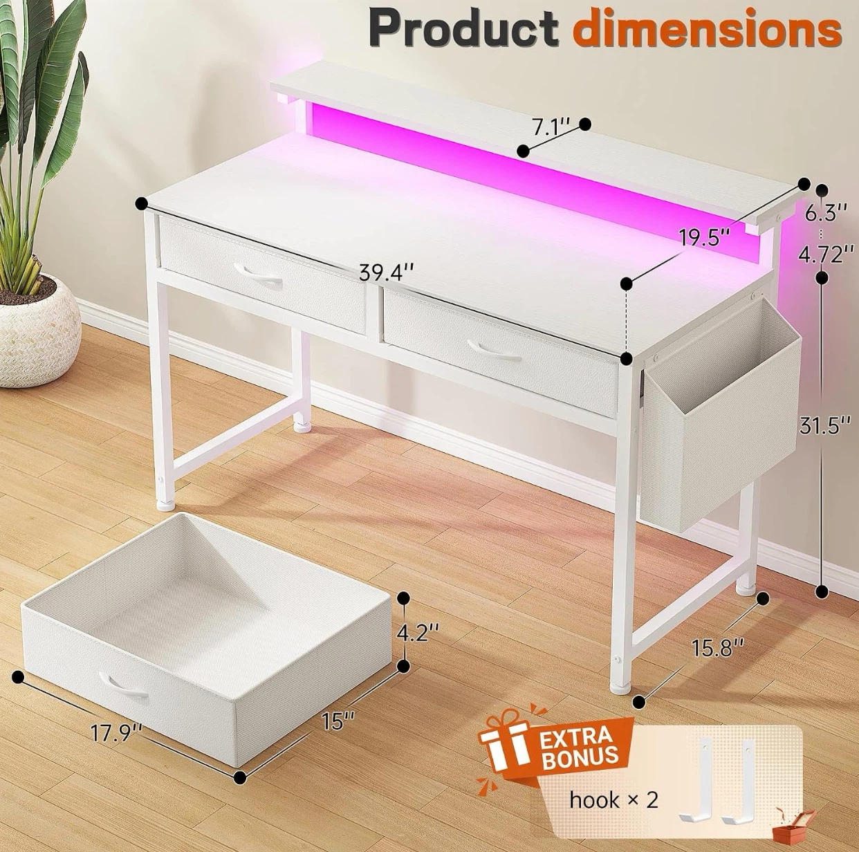 White Gaming Desk with RGB LED Lights - photo 2
