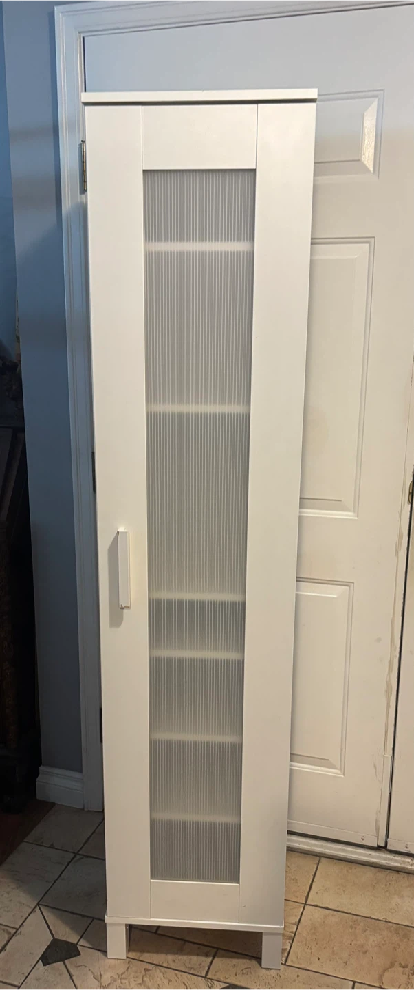 White Storage Cabinet with Frosted Glass Door