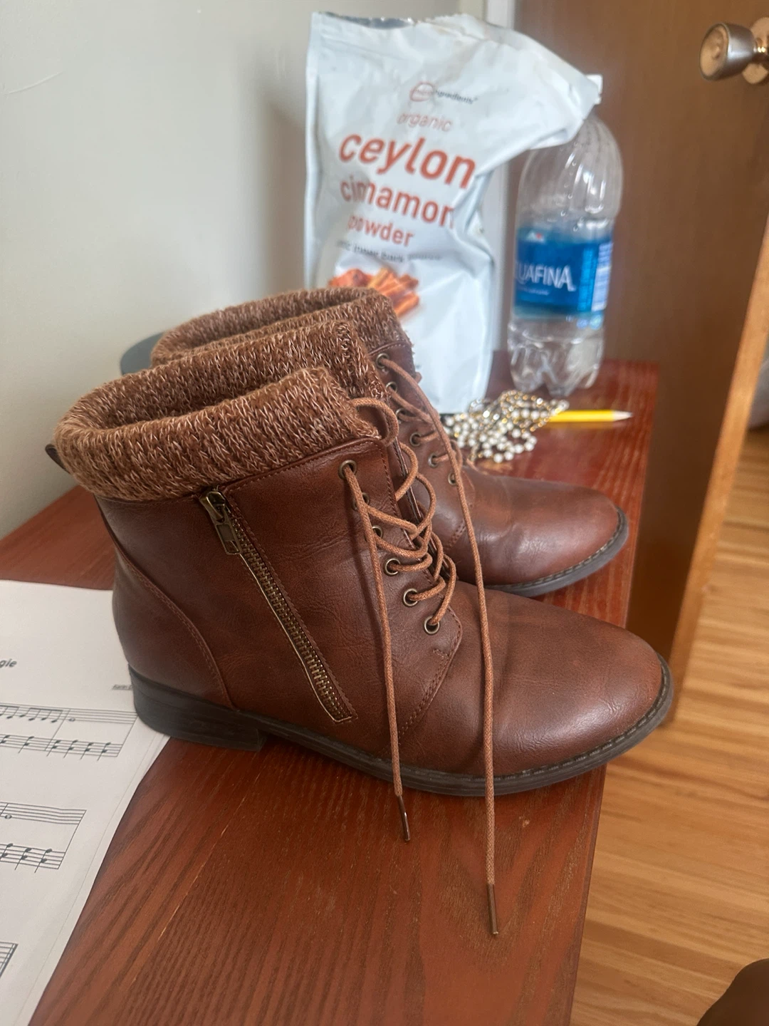 Brown Lace-Up Ankle Boots with Knit Cuff