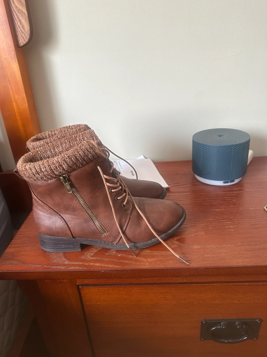 Brown Lace-Up Ankle Boots with Knit Cuff - photo 2