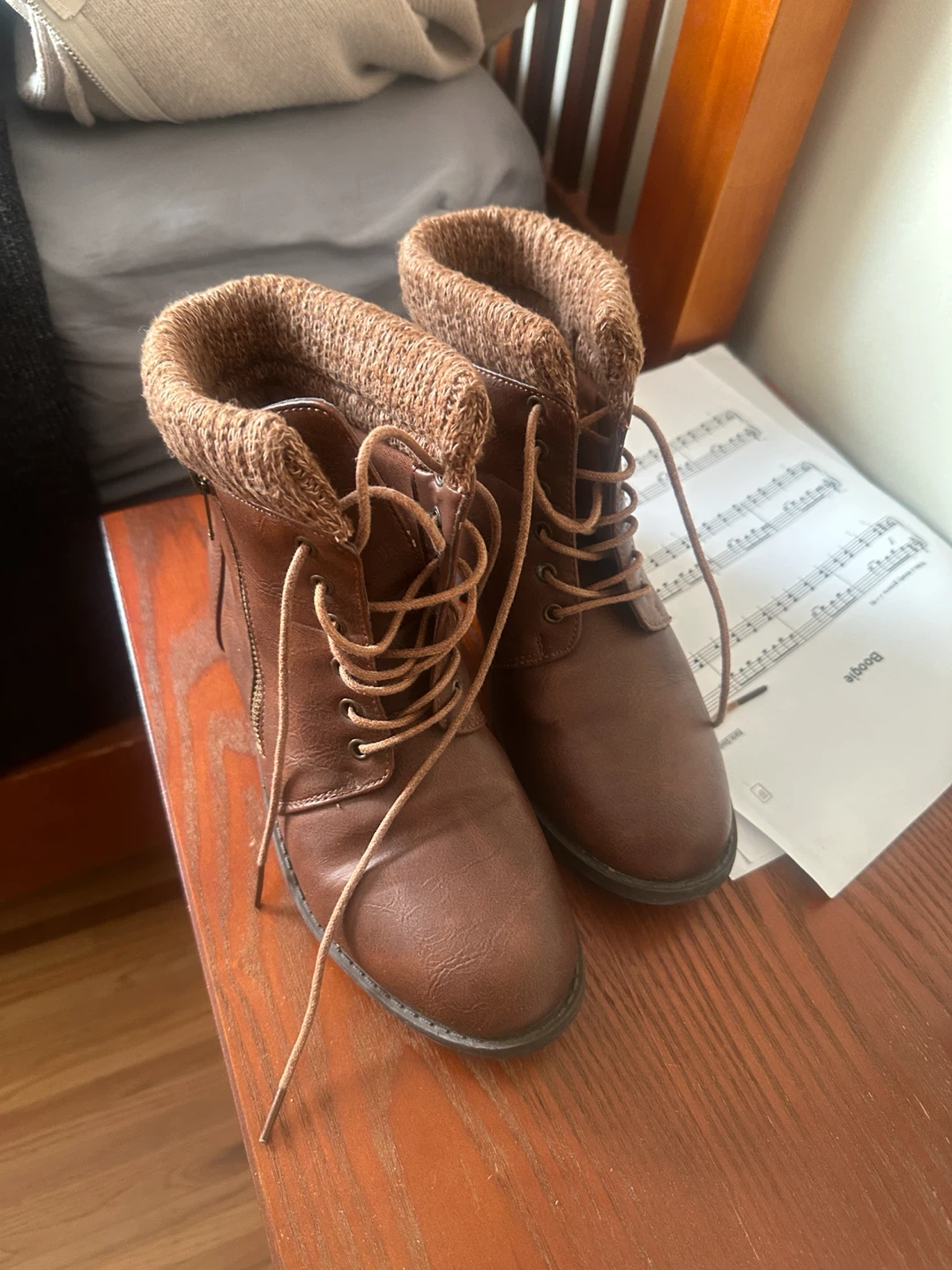 Brown Lace-Up Ankle Boots with Knit Cuff - photo 3