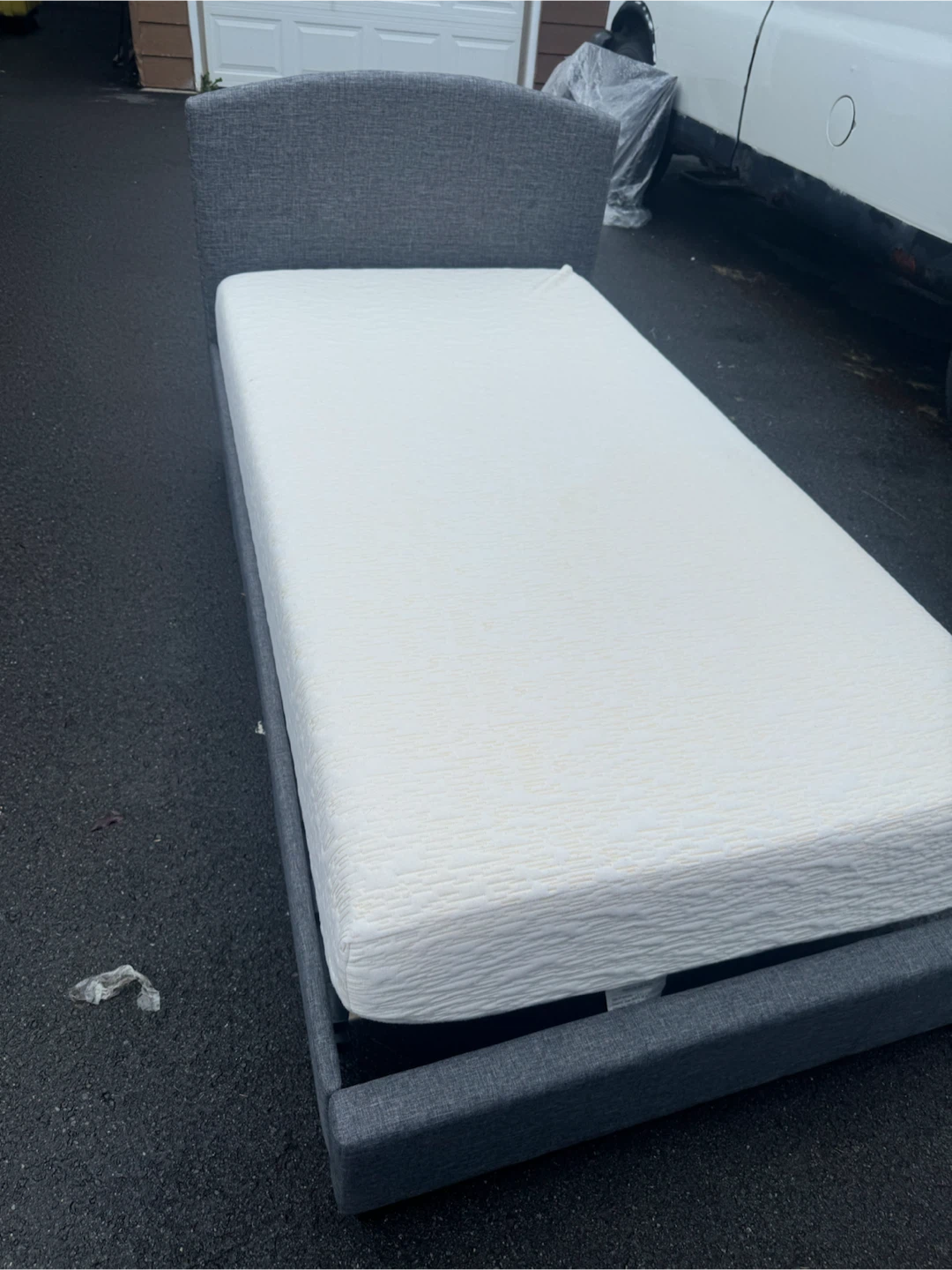 Grey Upholstered Twin Bed Frame with Mattress