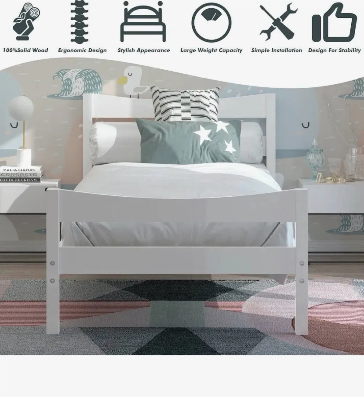New! Twin, white wood platform bed