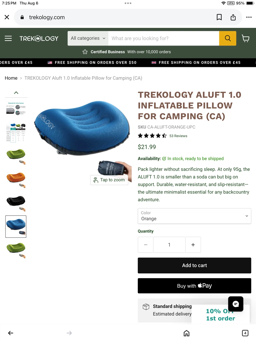 TREKOLOGY Aluft 1.0 Inflatable Camping Pillow - Blue - photo 2