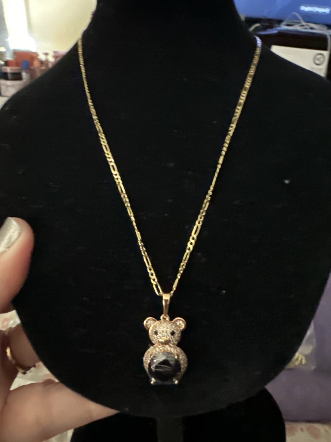 14kGold laminated Teddy Bear Pendant Necklace with Rhinestones