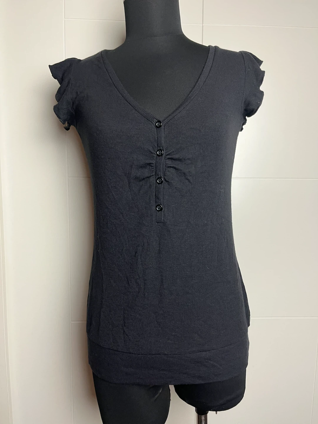MNG Black V-Neck Button-Up T-Shirt