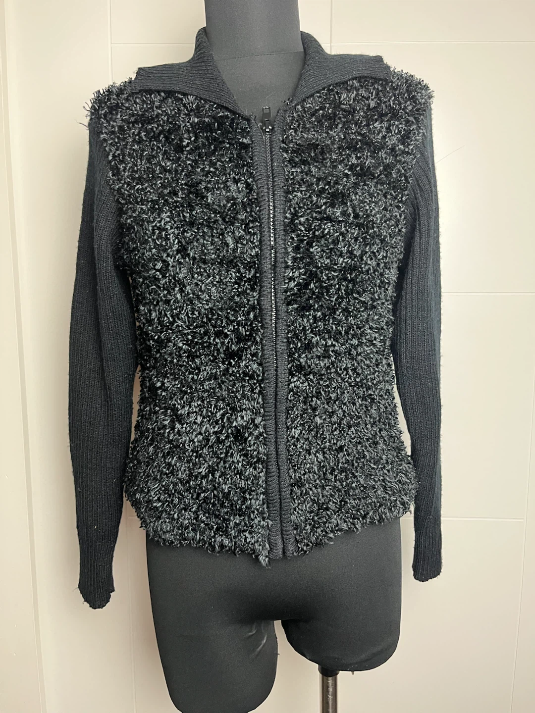 Black fuzzy knit zip-up cardigan