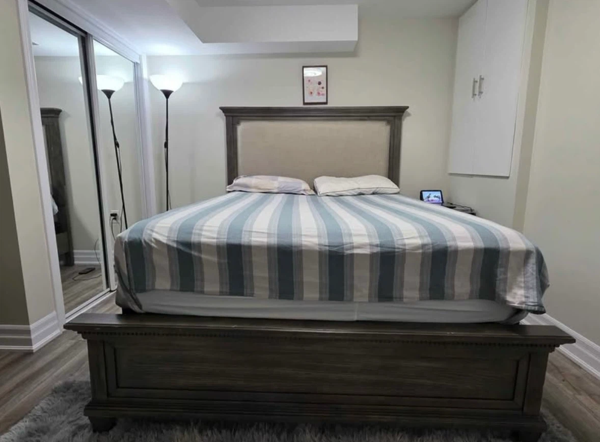 Grey Wooden Bed Frame with Upholstered Headboard
