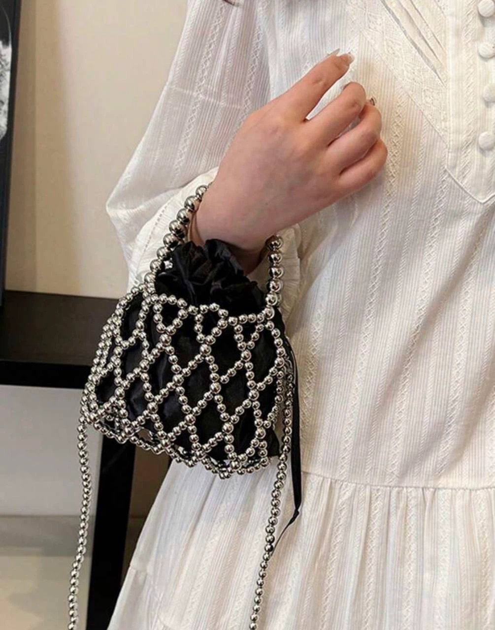 Black & Silver Beaded Bucket Bag