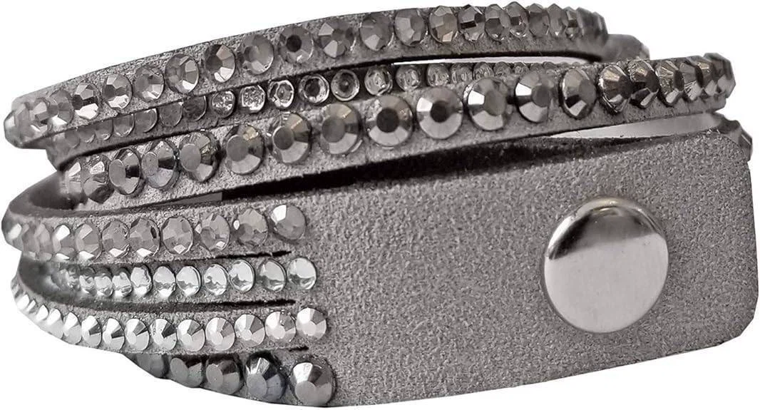 Grey Leather Wrap Bracelet with Crystals, Swarovski - photo 2
