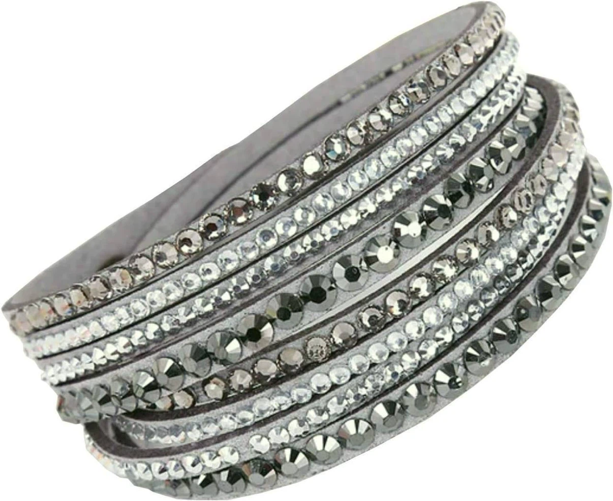 Grey Leather Wrap Bracelet with Crystals, Swarovski - photo 3