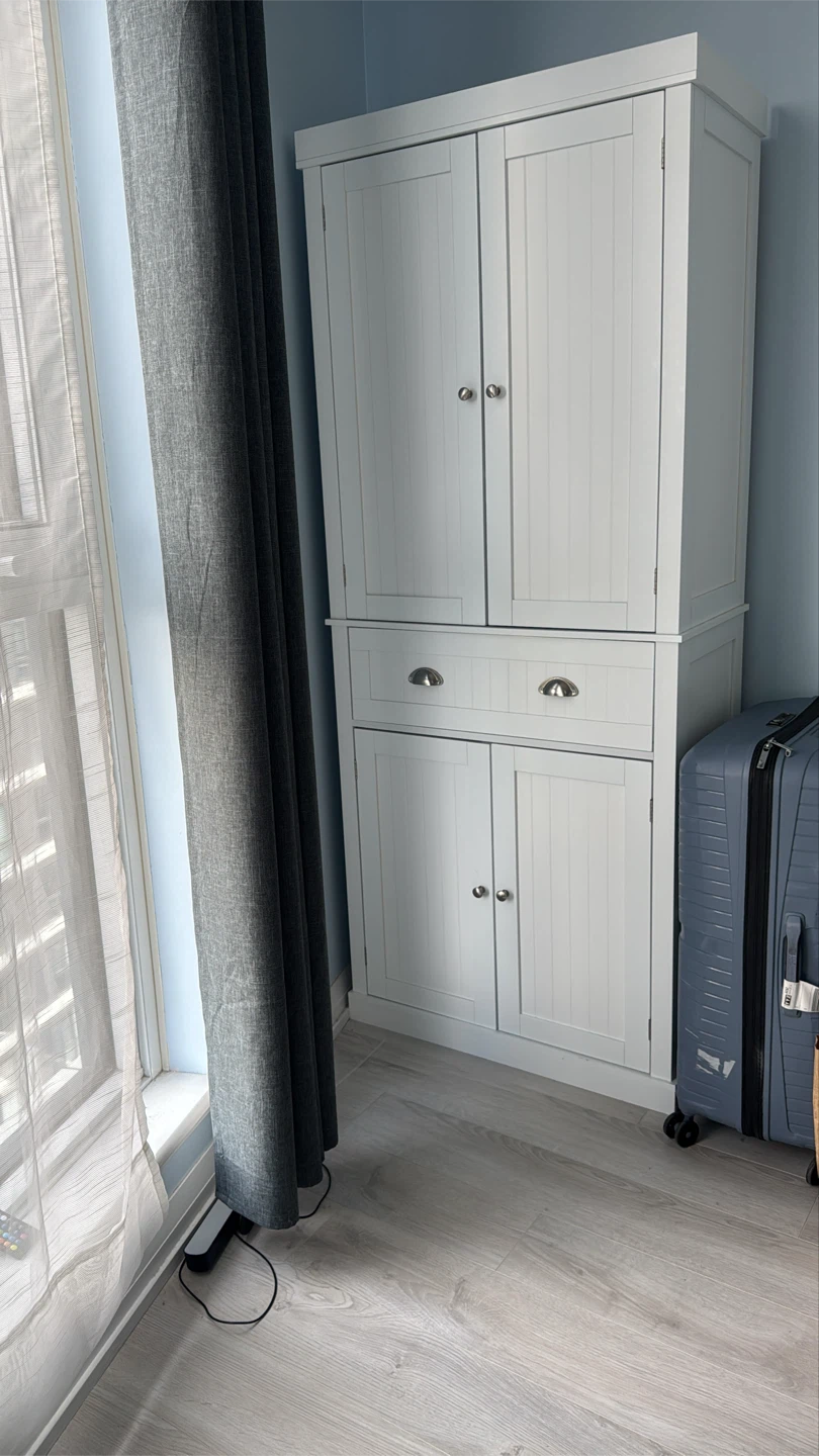 White Storage Cabinet with Doors and Drawer