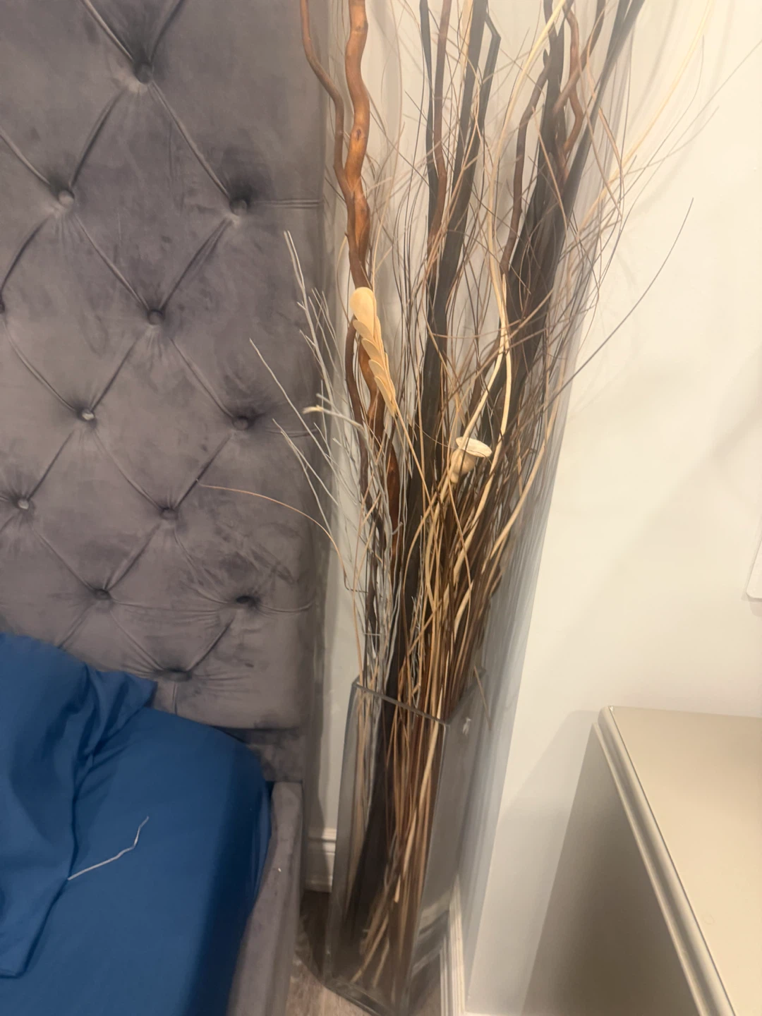 Tall Glass Vase with Dried Decorative Branches