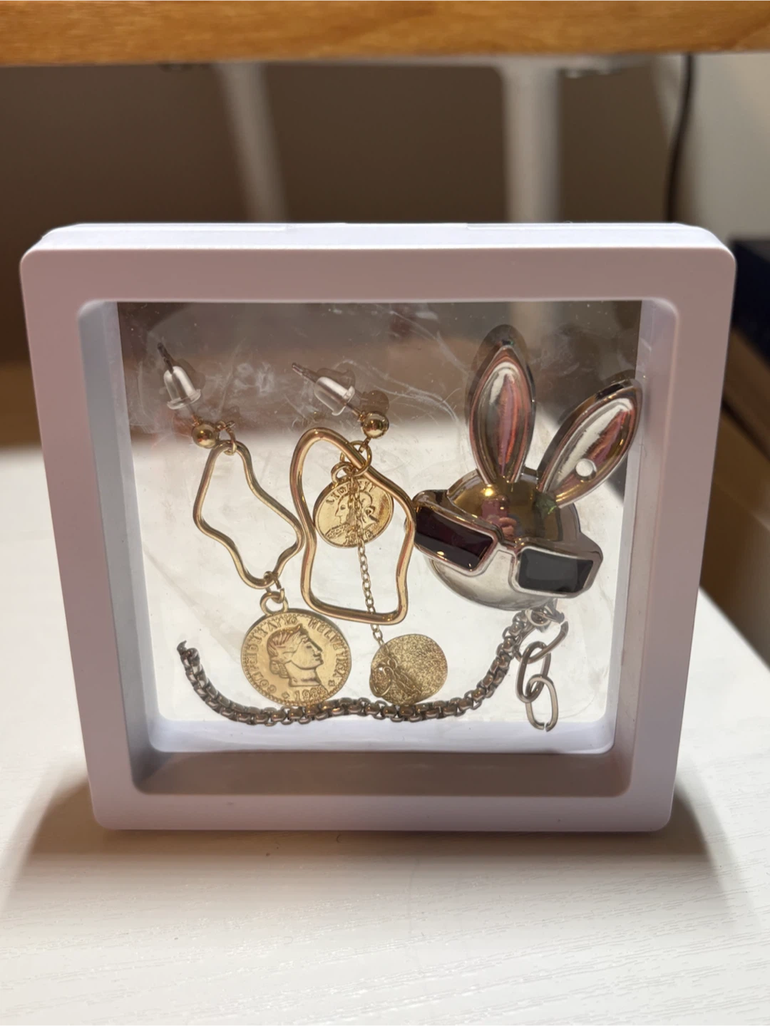 Bunny Brooch and Coin Dangle Earrings Set