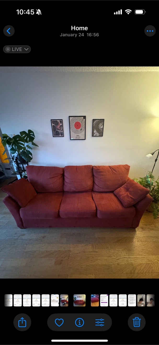 Red sofa bed & ottoman, coffee table