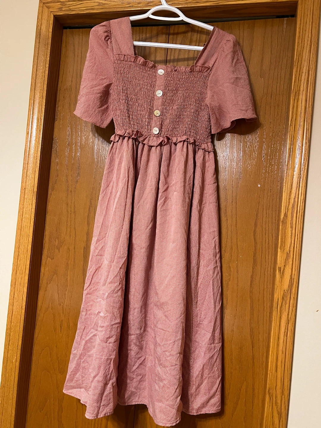 Pink Smocked Square Neck Midi Dress