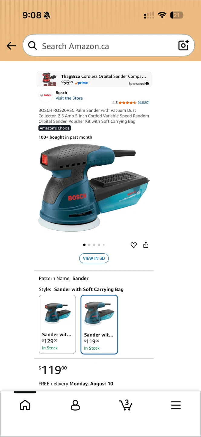 BOSCH ROS20VSC Palm Sander with Soft Carrying Bag