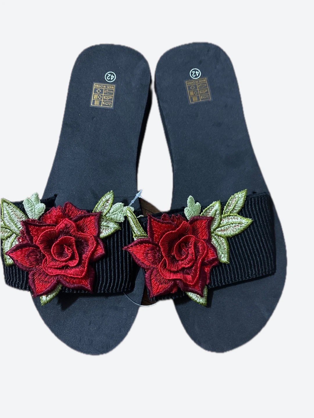Black Slide Sandals with Red Rose Embroidery Size 42