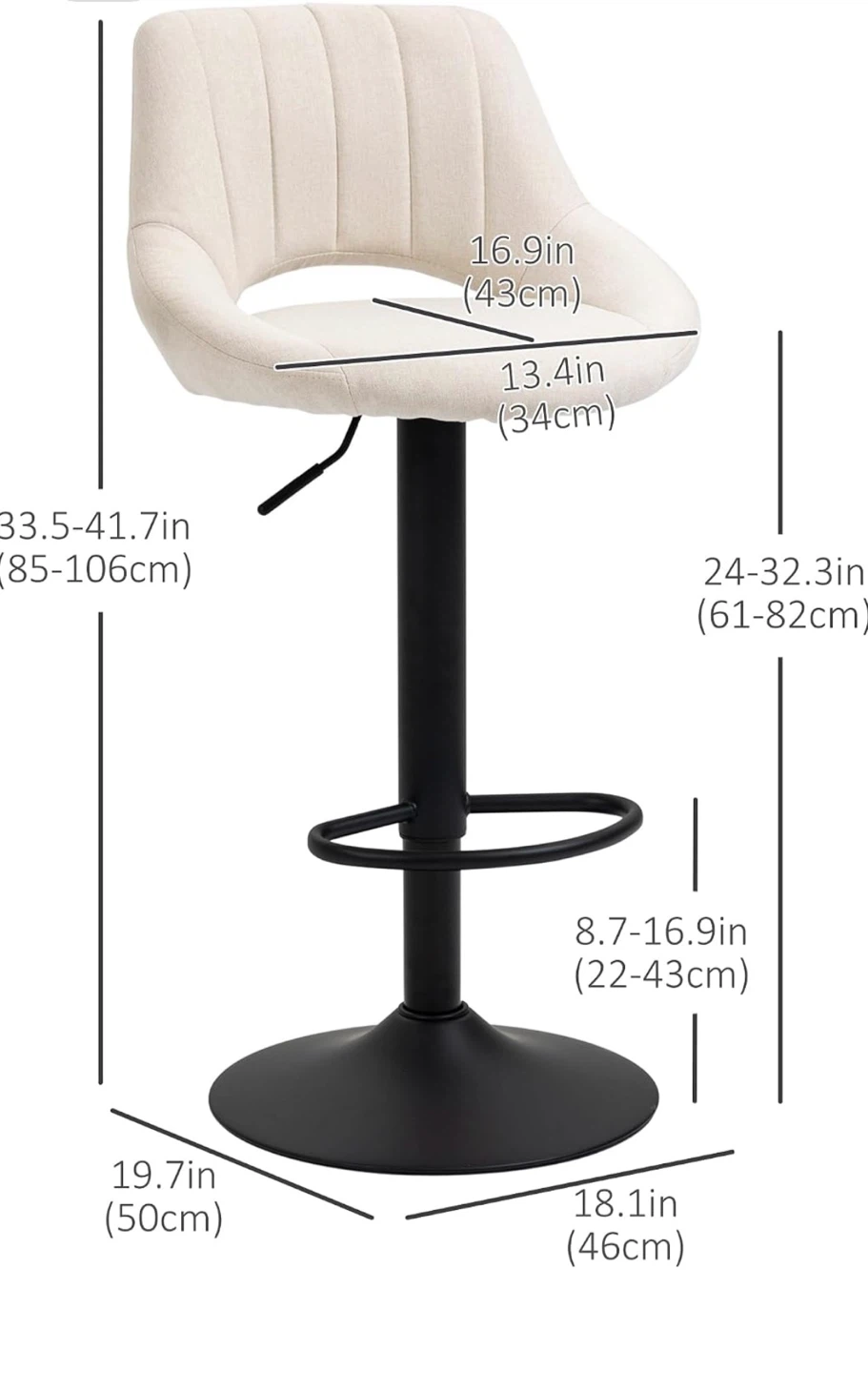 Adjustable Bar Stool - Cream Linen Upholstery - photo 5