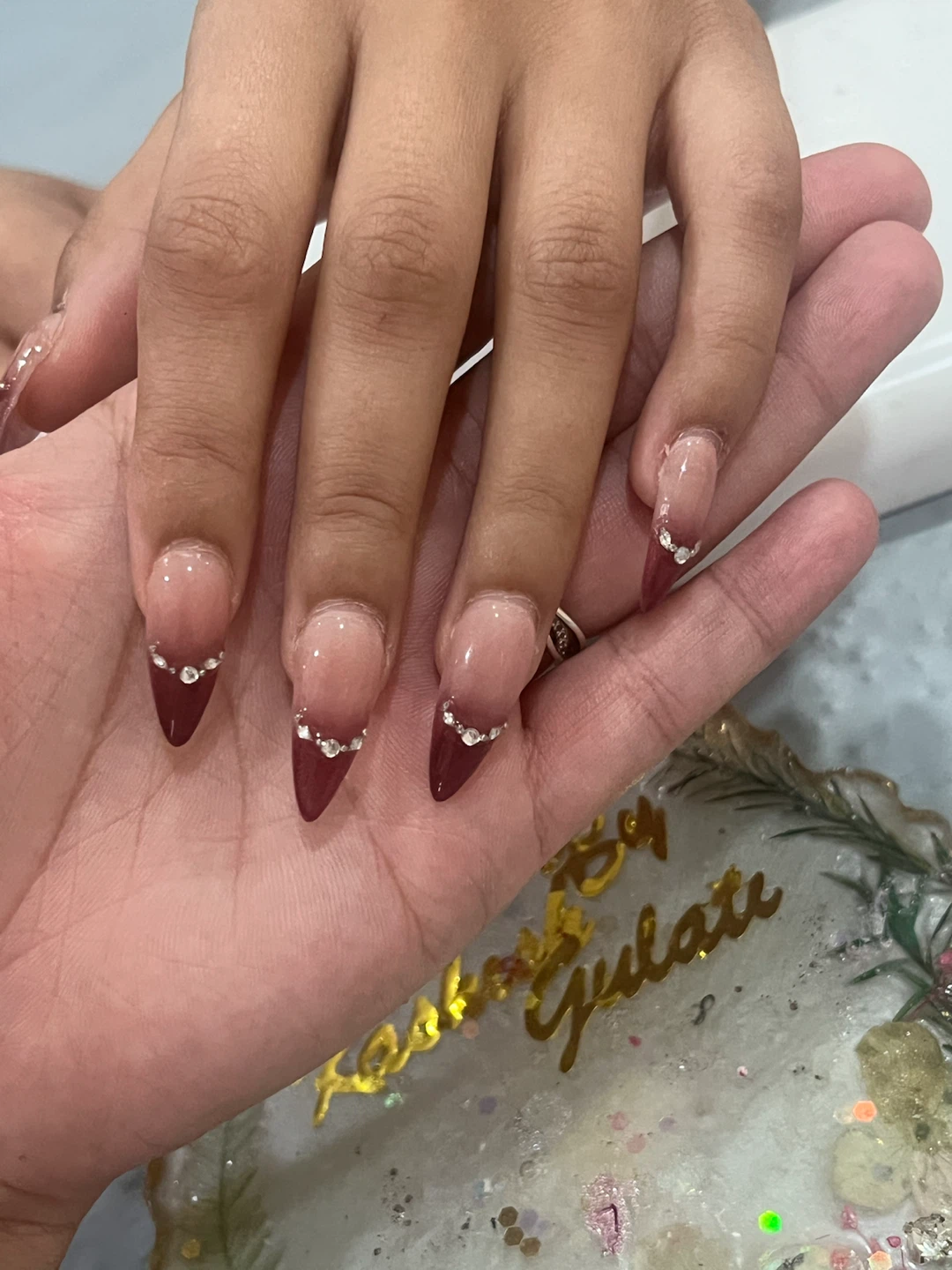 Acrylic nails Almond  Shape French Tip Nails with Rhinestones
