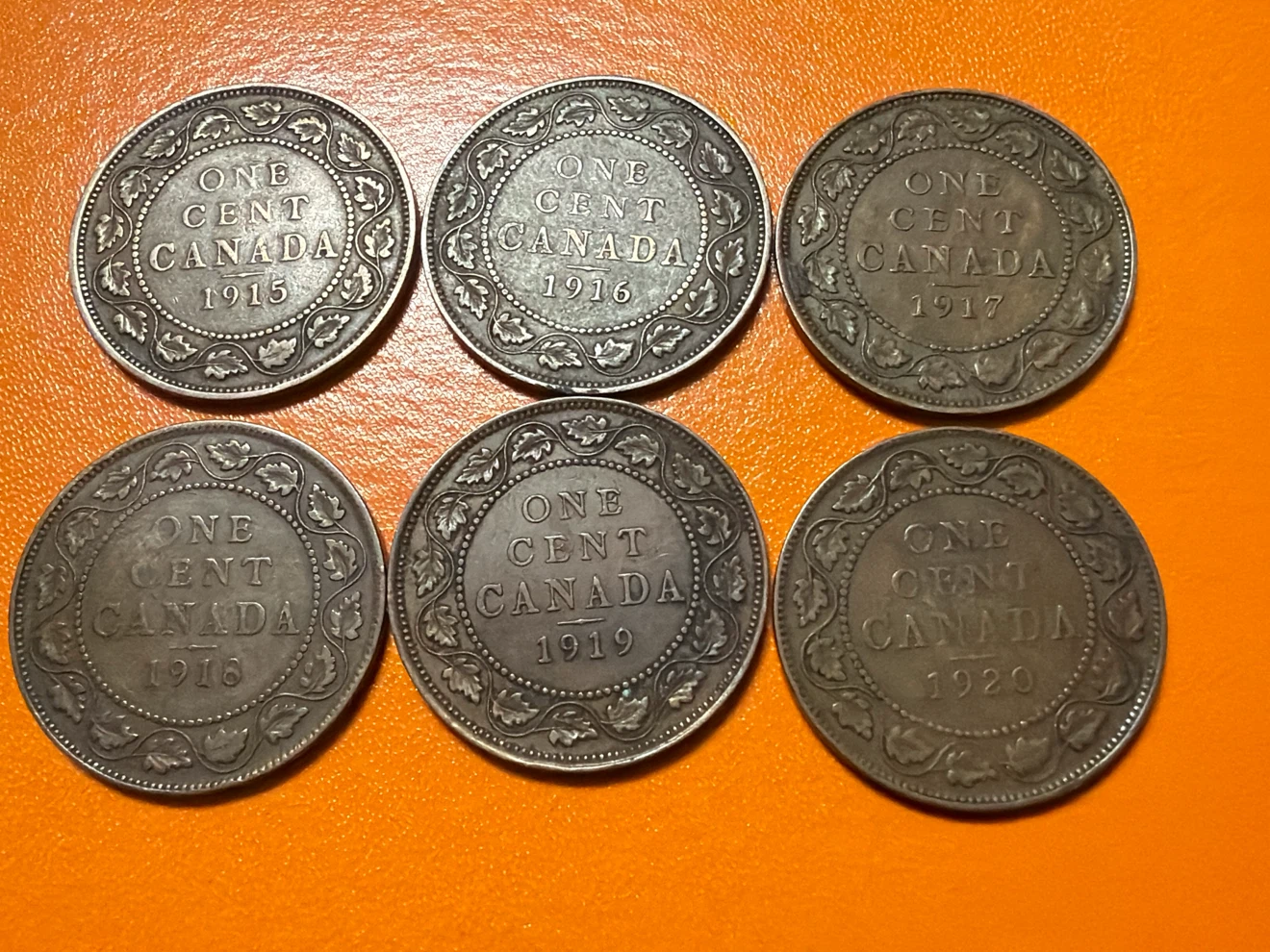 Collection of Six Canadian One Cent Coins (1915-1920)