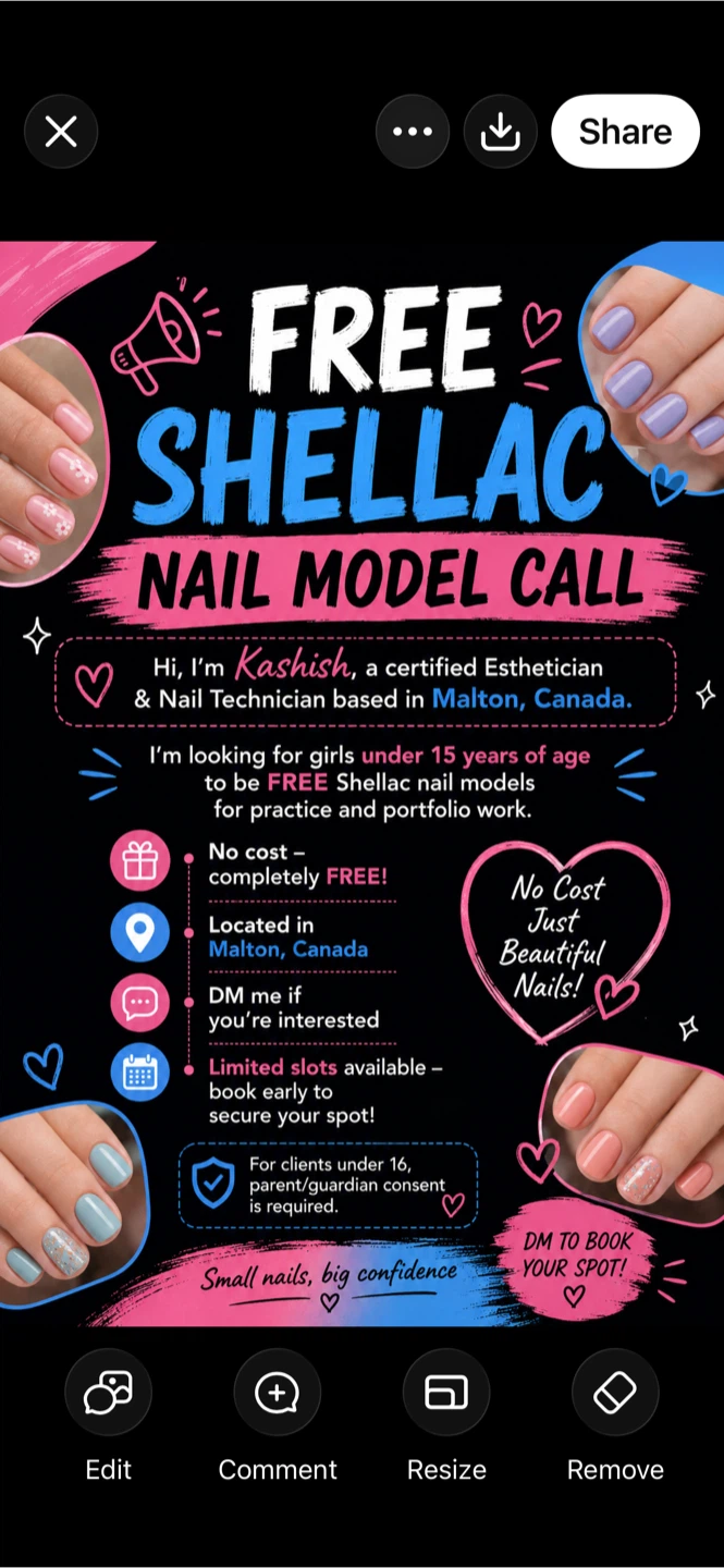 Free Shellac Nail Model Call in Malton, Canada