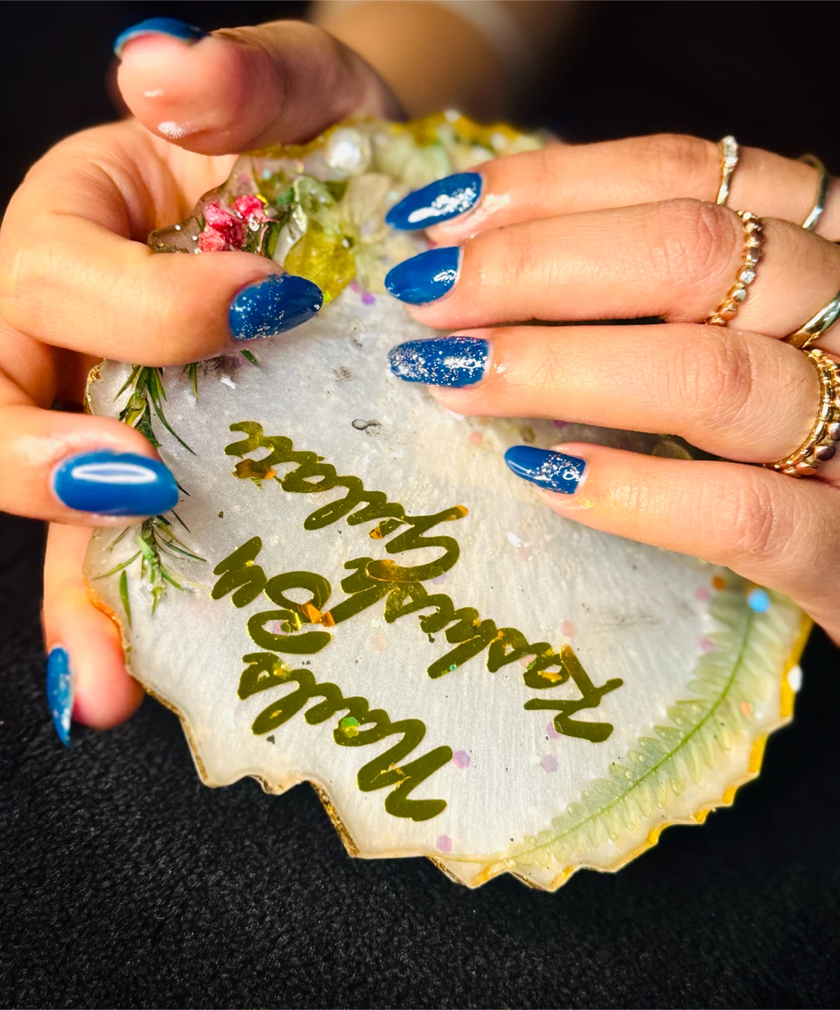Handmade Resin Coaster with Flowers and "Happy Birthday" Message
