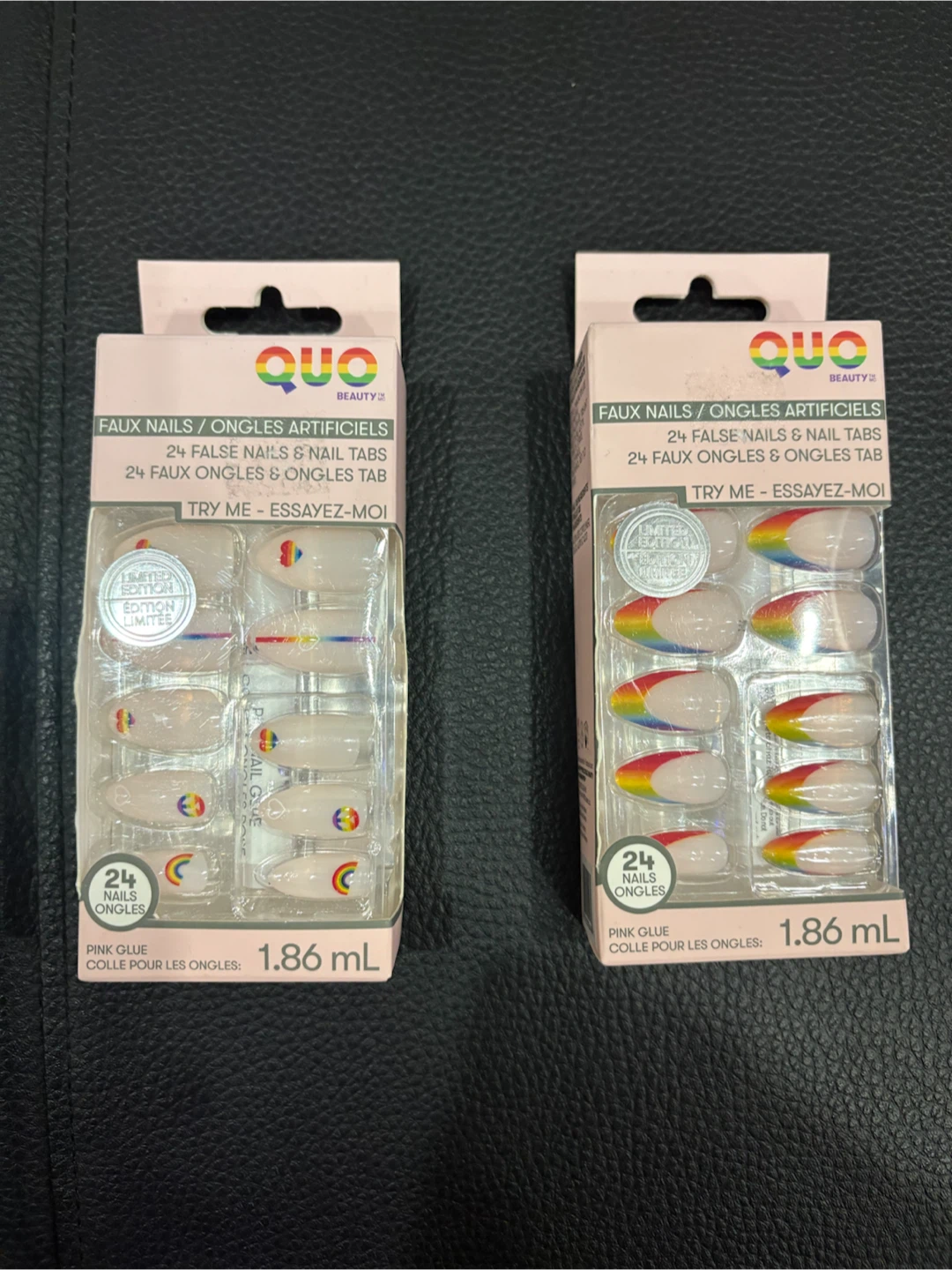 NIB QUO Beauty 24 False Nails & Glue - Rainbow Heart Design