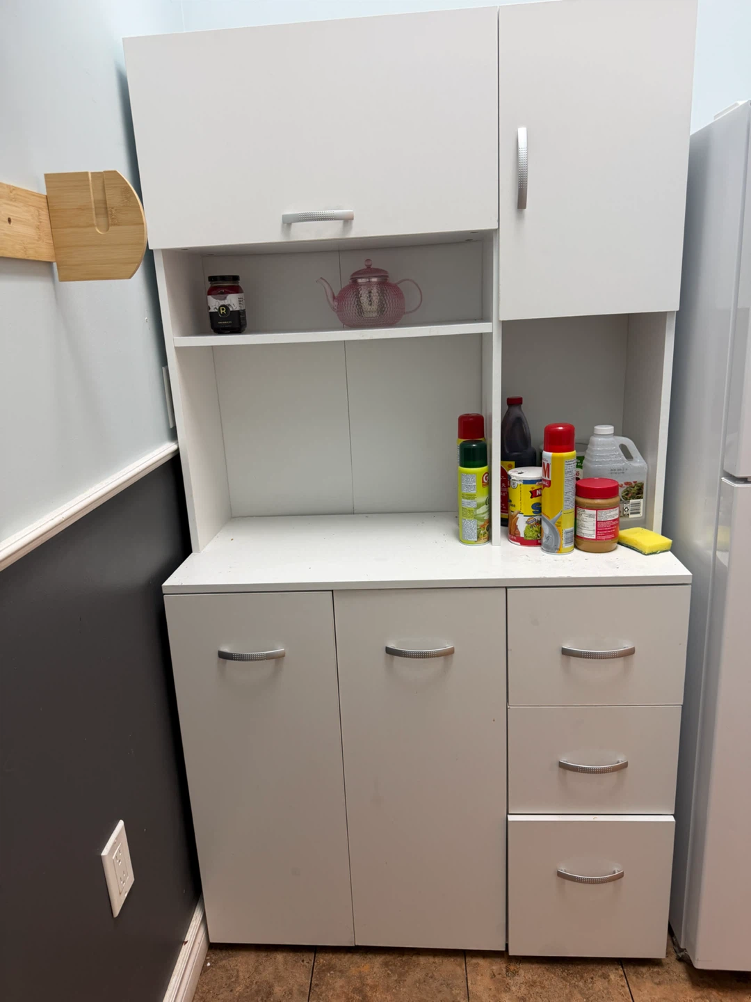 White Kitchen Cabinet with Shelves and Drawers