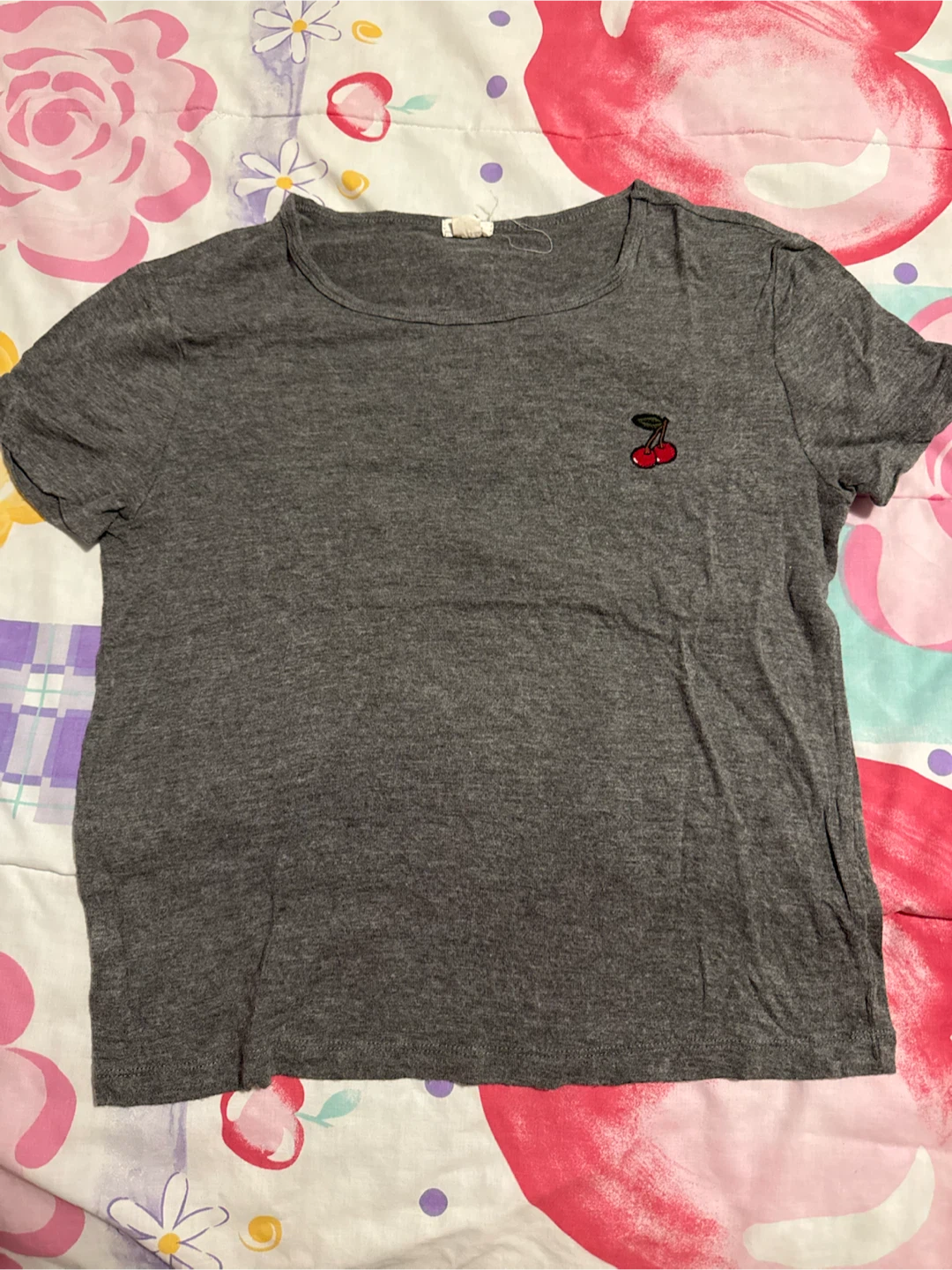 Grey T-Shirt with Cherry Embroidery -S