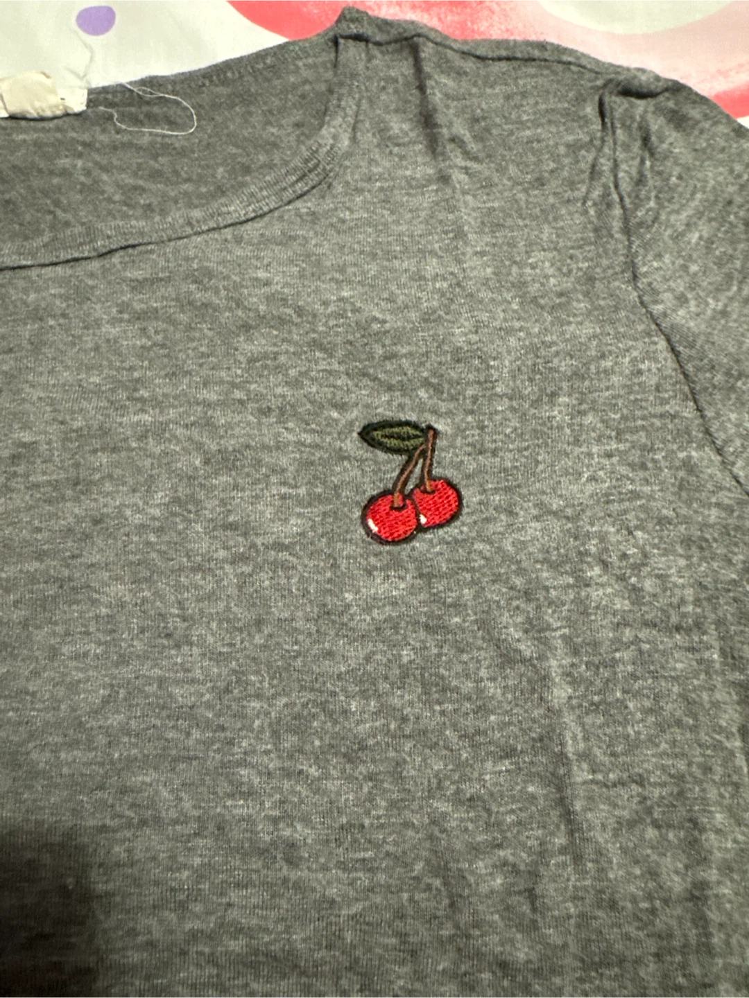 Grey T-Shirt with Cherry Embroidery -S - photo 2