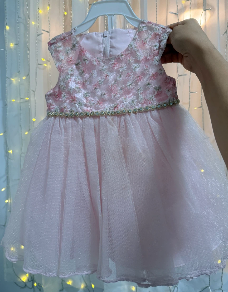 Pink Floral Tulle Baby Dress with gold waist