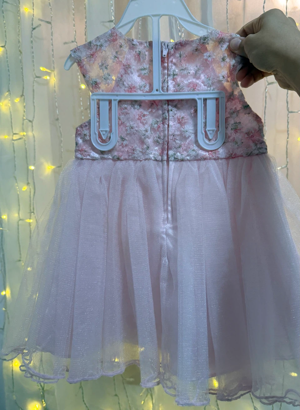 Pink Floral Tulle Baby Dress with gold waist - photo 2
