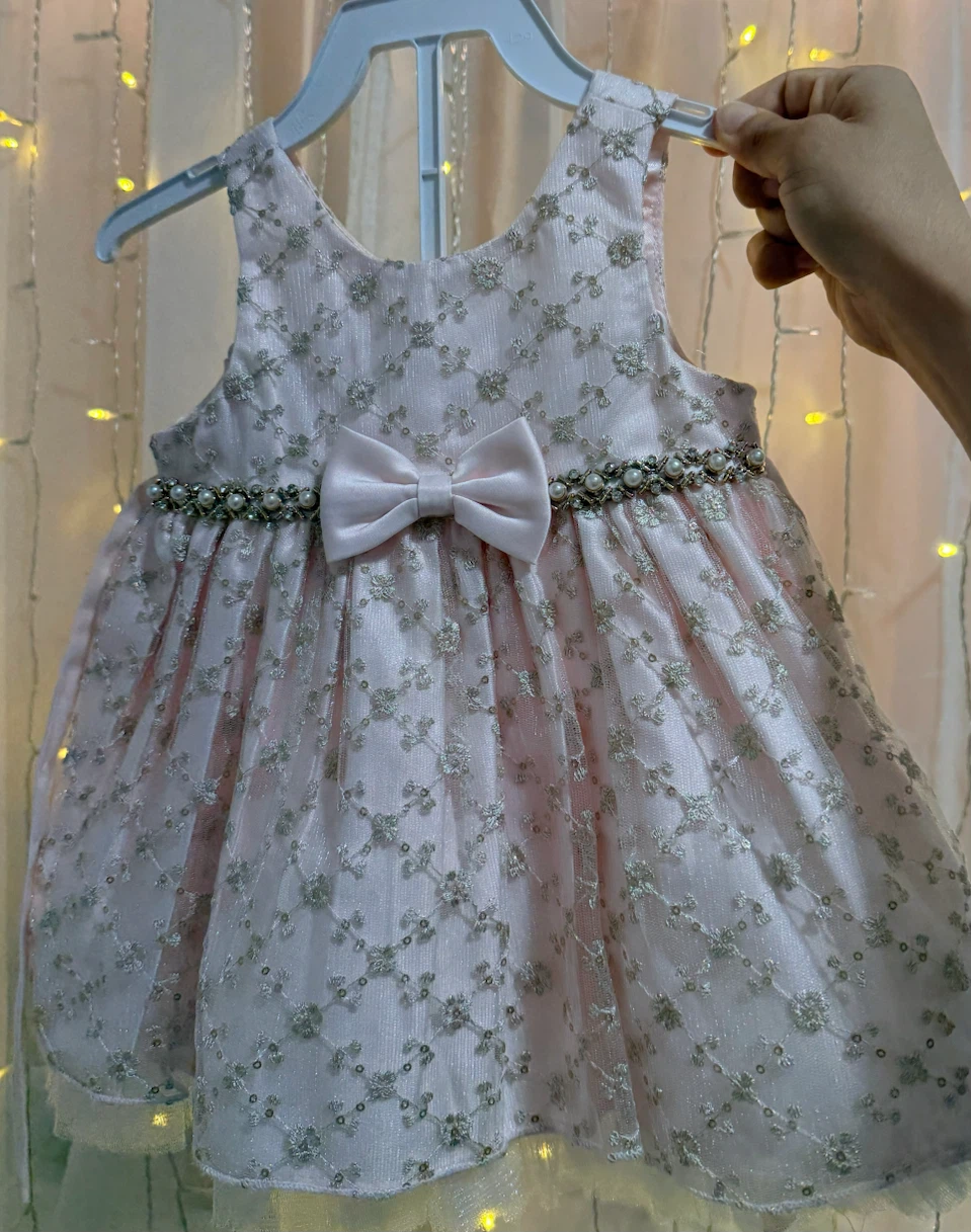 Pink Embroidered Formal elegant party baby girl Dress with Bow