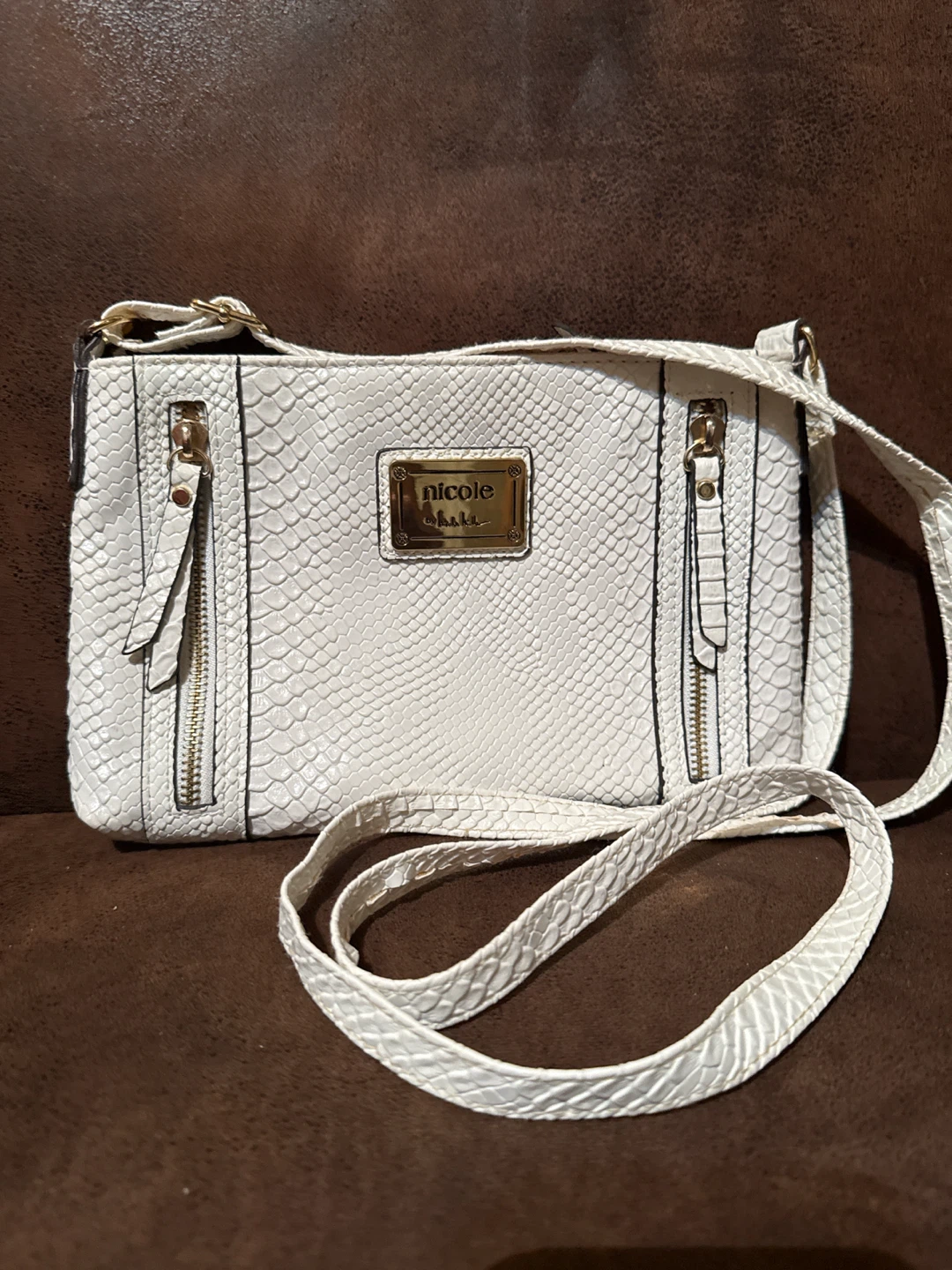 Nicole Miller White Snakeskin Crossbody Bag