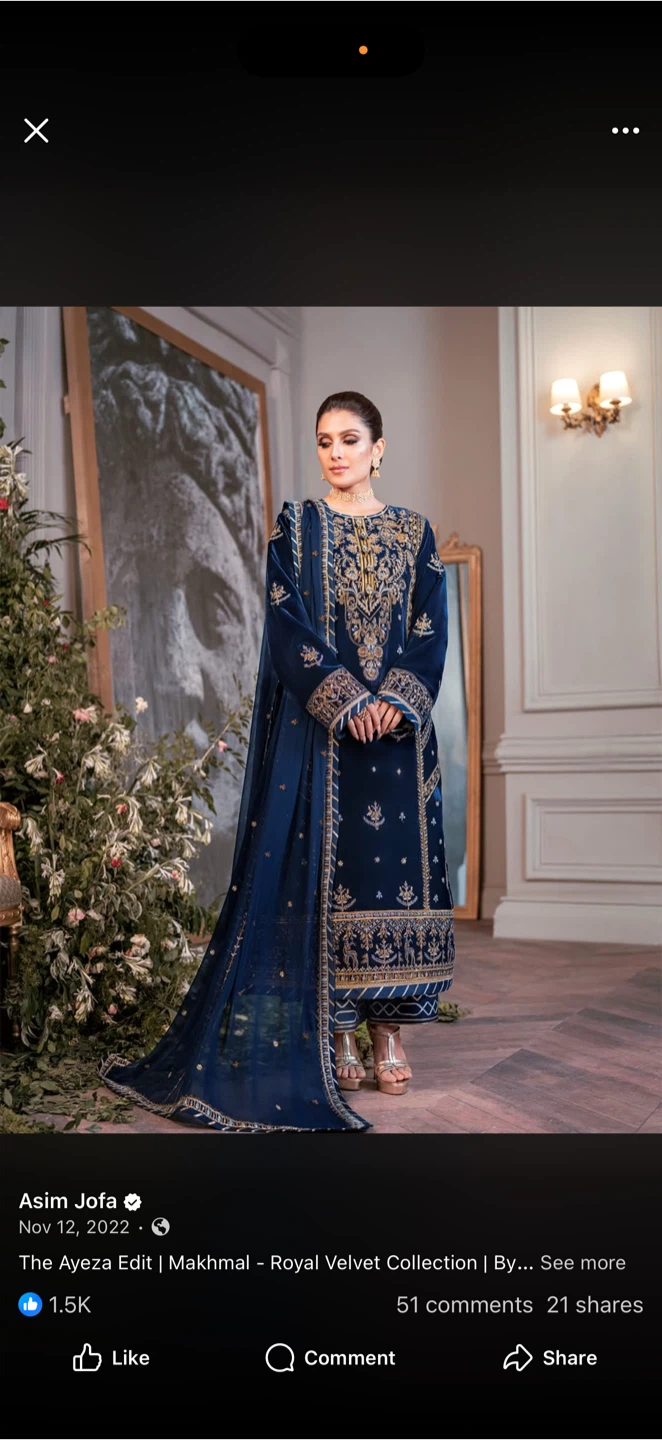 Asim Jofa Royal Velvet "The Ayeza Edit" Navy Blue