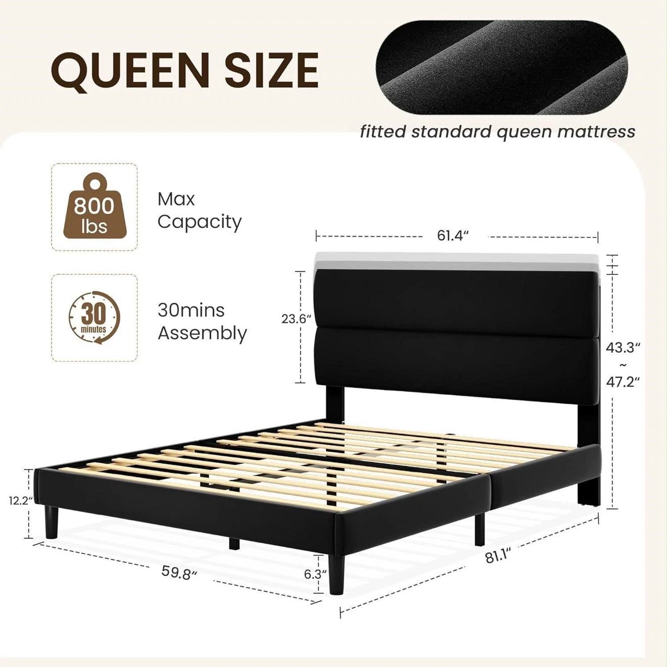 Queen Size Black Upholstered Bed Frame - photo 2
