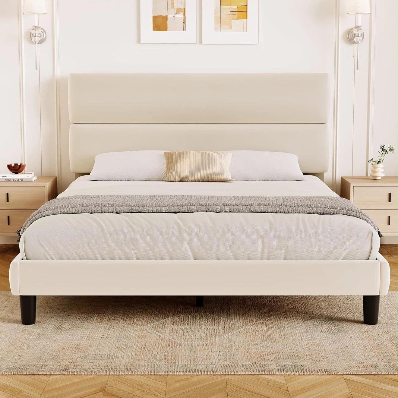 Upholstered Platform Bed Frame with Padded Headboard
