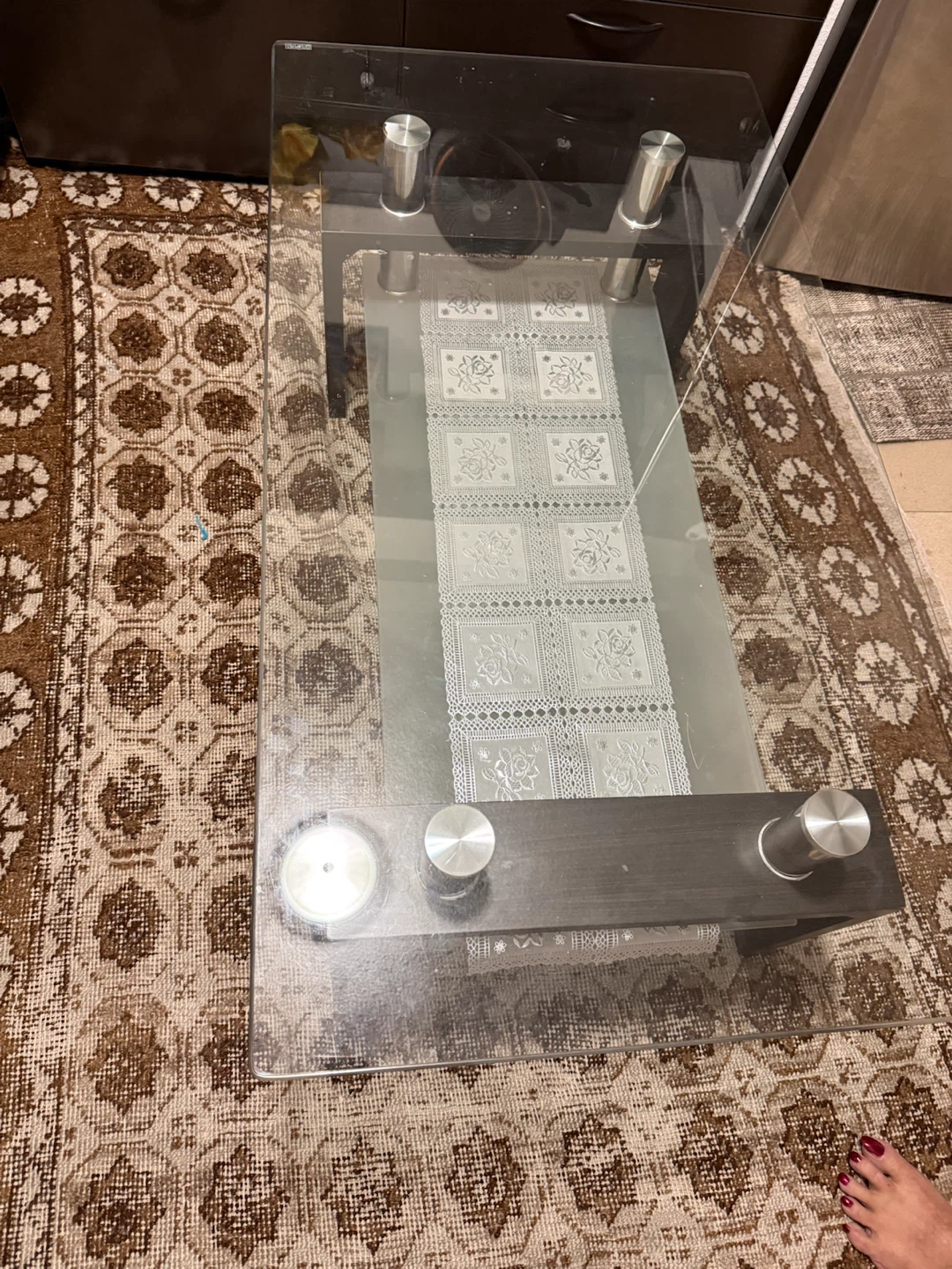 Glass Coffee Table with Wood Base